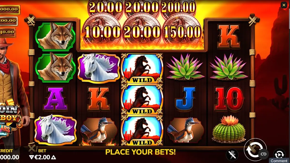 Tampilan visual slot 3 Coin Cowboy Dollars & Dreams dengan latar belakang kota Wild West