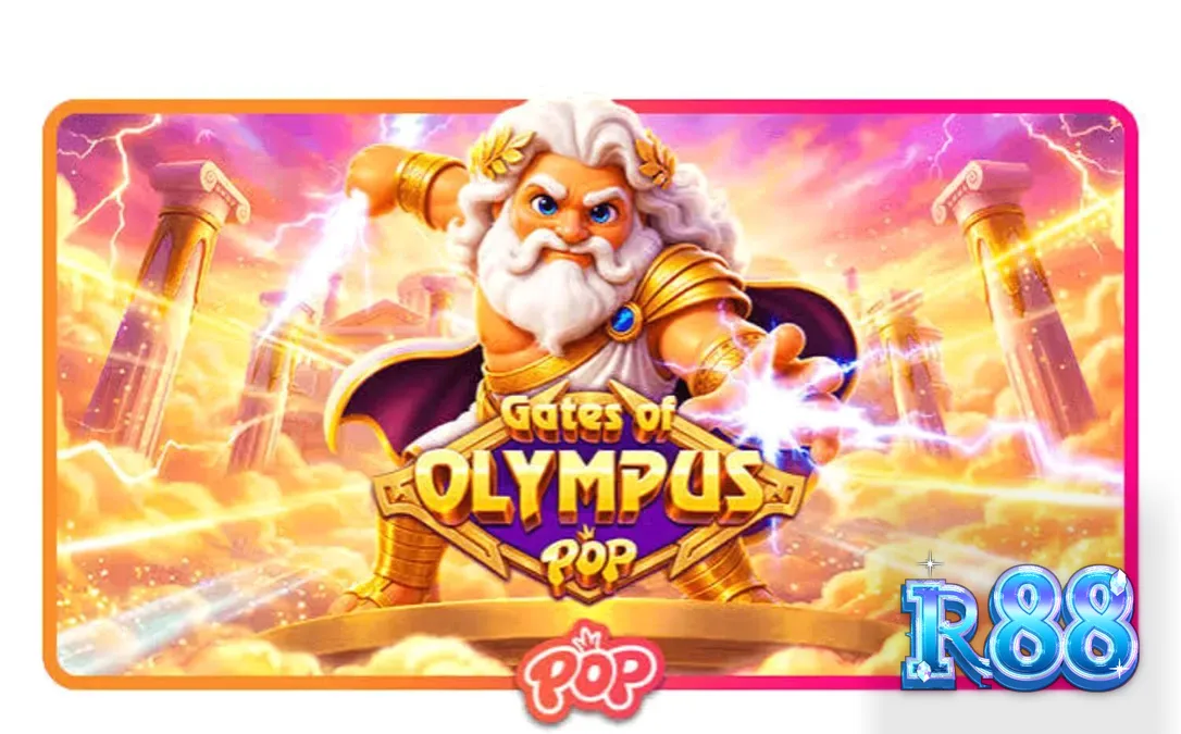 Tampilan visual slot Gates of Olympus POP dengan Zeus dan grid 3x5